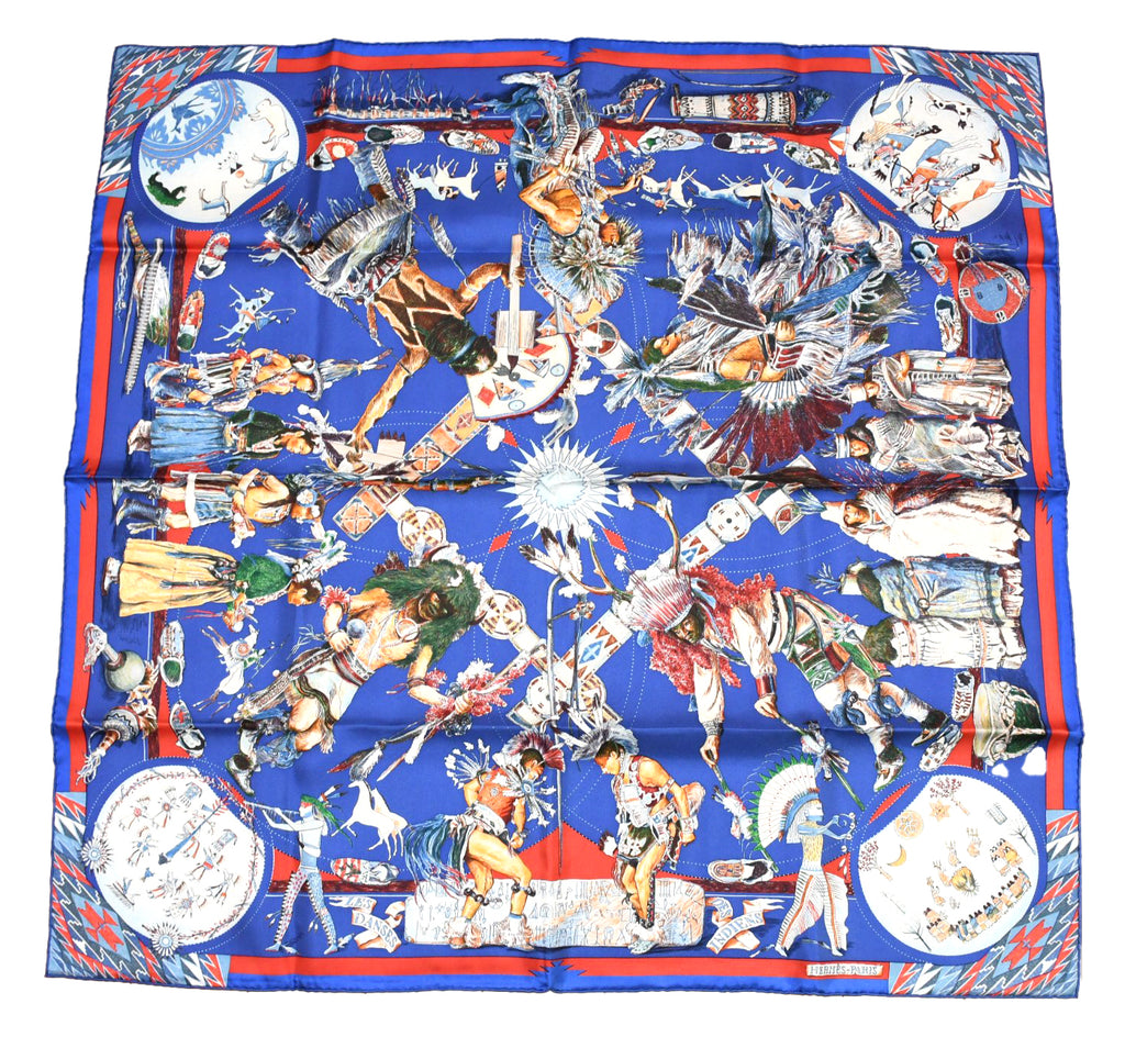 Hermes Scarf Les Danses des Indiens by Kermit Oliver 90 cm silk blue Carre kachina 35"