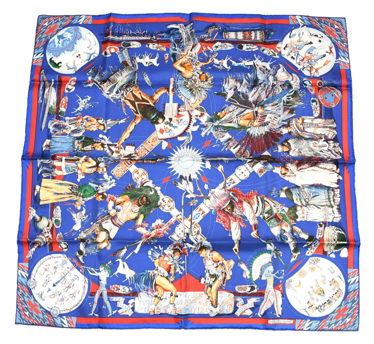 Hermes Scarf Les Danses des Indiens by Kermit Oliver 90 cm silk blue Carre kachina 35"