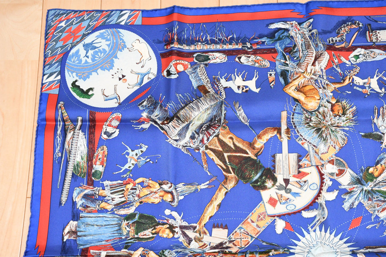 Hermes Scarf Les Danses des Indiens by Kermit Oliver 90 cm silk blue Carre kachina 35"