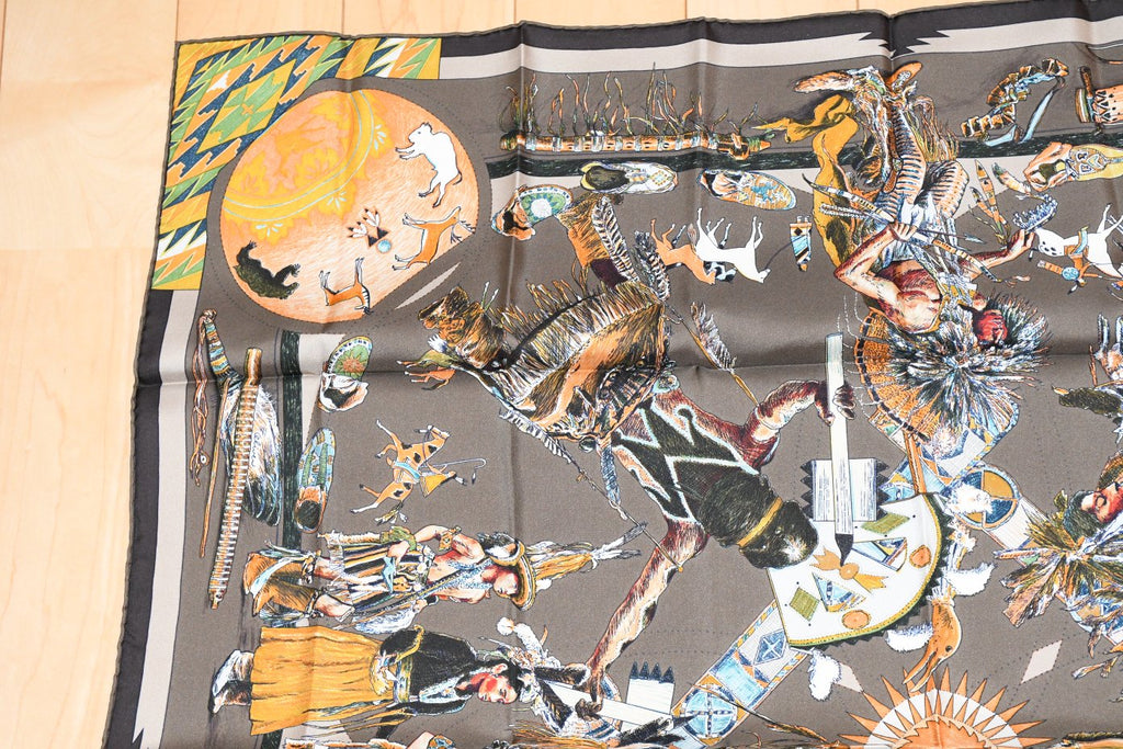 Hermes Scarf Les Danses des Indiens by Kermit Oliver 90 cm silk brown kachina