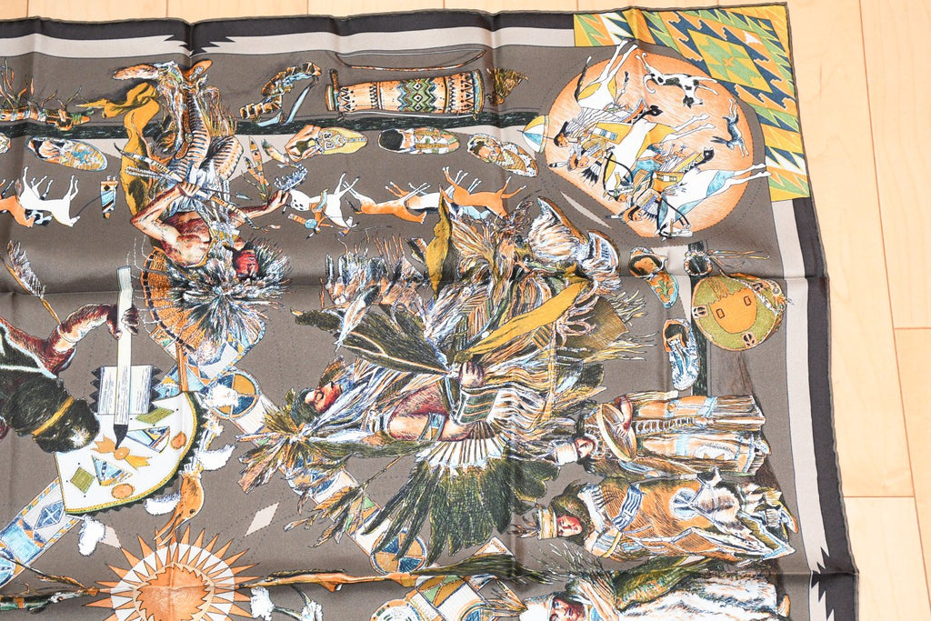 Hermes Scarf Les Danses des Indiens by Kermit Oliver 90 cm silk brown kachina