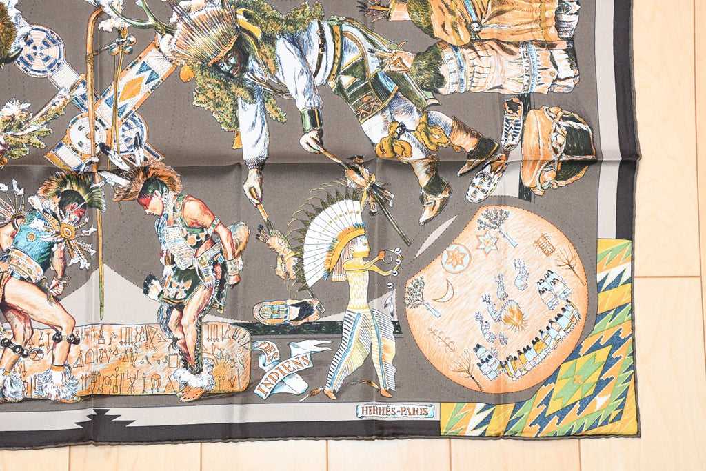 Hermes Scarf Les Danses des Indiens by Kermit Oliver 90 cm silk brown kachina