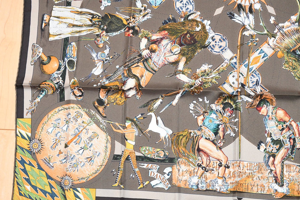 Hermes Scarf Les Danses des Indiens by Kermit Oliver 90 cm silk brown kachina