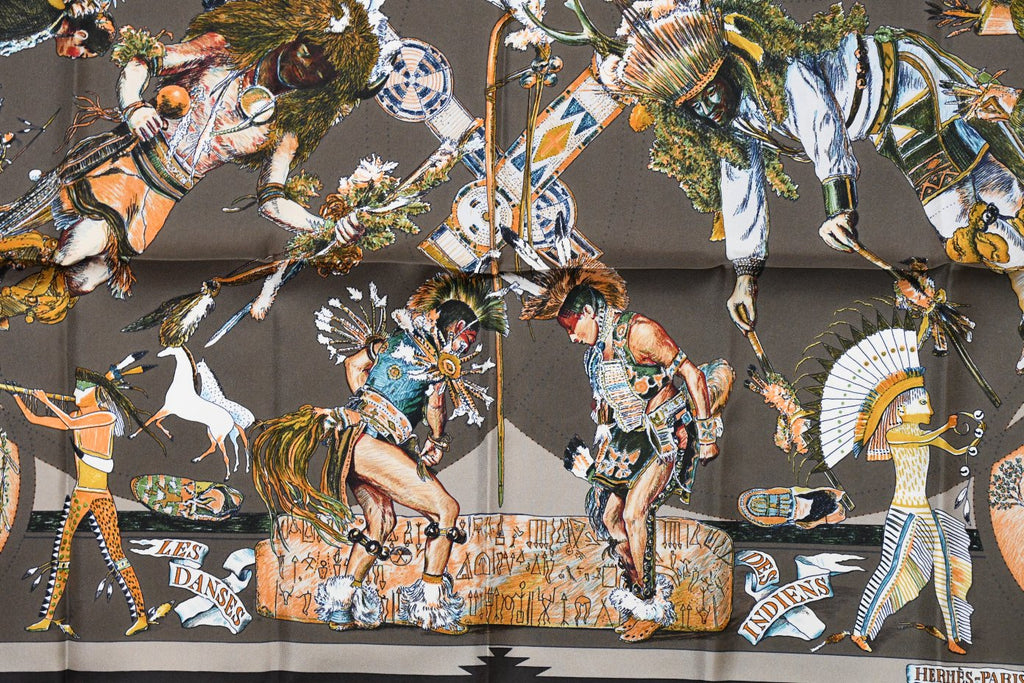 Hermes Scarf Les Danses des Indiens by Kermit Oliver 90 cm silk brown kachina
