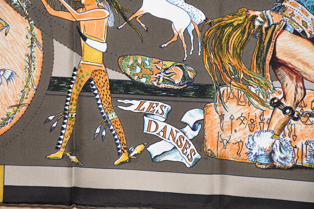 Hermes Scarf Les Danses des Indiens by Kermit Oliver 90 cm silk brown kachina