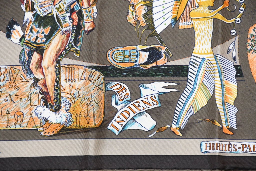 Hermes Scarf Les Danses des Indiens by Kermit Oliver 90 cm silk brown kachina