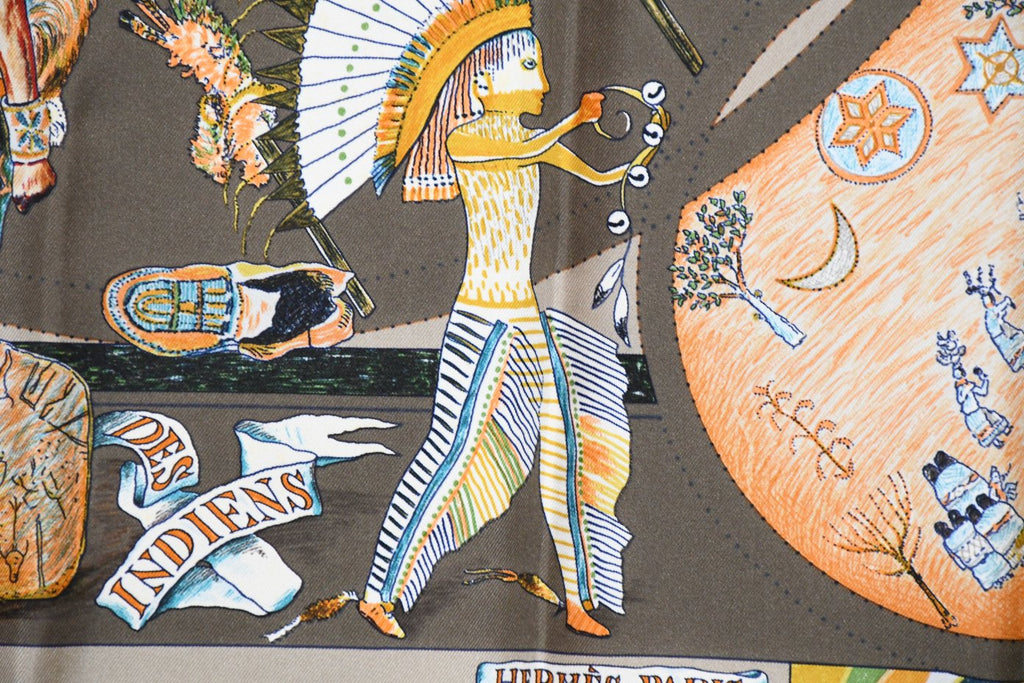 Hermes Scarf Les Danses des Indiens by Kermit Oliver 90 cm silk brown kachina