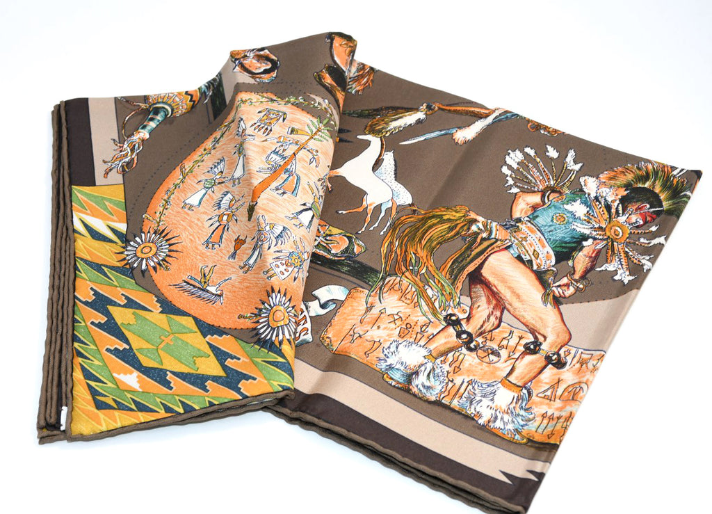 Hermes Scarf Les Danses des Indiens by Kermit Oliver 90 cm silk brown kachina