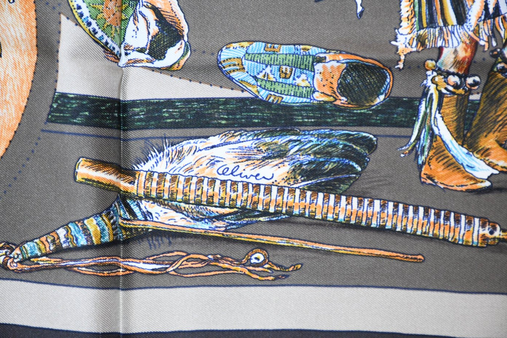 Hermes Scarf Les Danses des Indiens by Kermit Oliver 90 cm silk brown kachina
