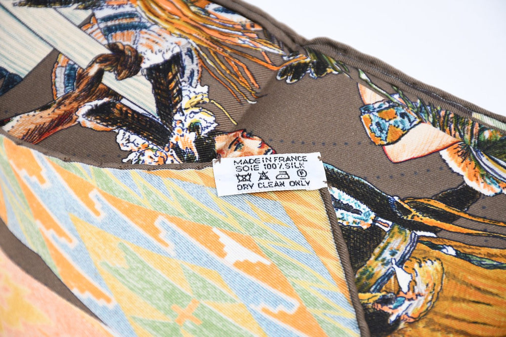 Hermes Scarf Les Danses des Indiens by Kermit Oliver 90 cm silk brown kachina