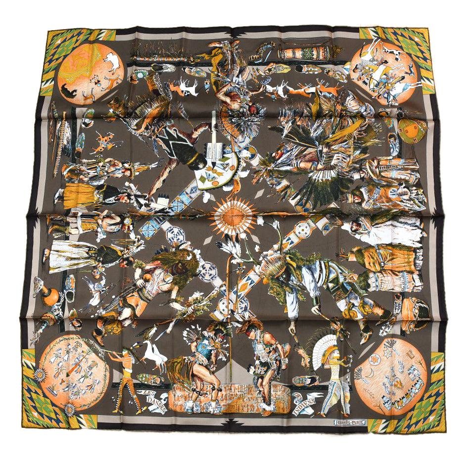 Hermes Scarf Les Danses des Indiens by Kermit Oliver 90 cm silk brown kachina