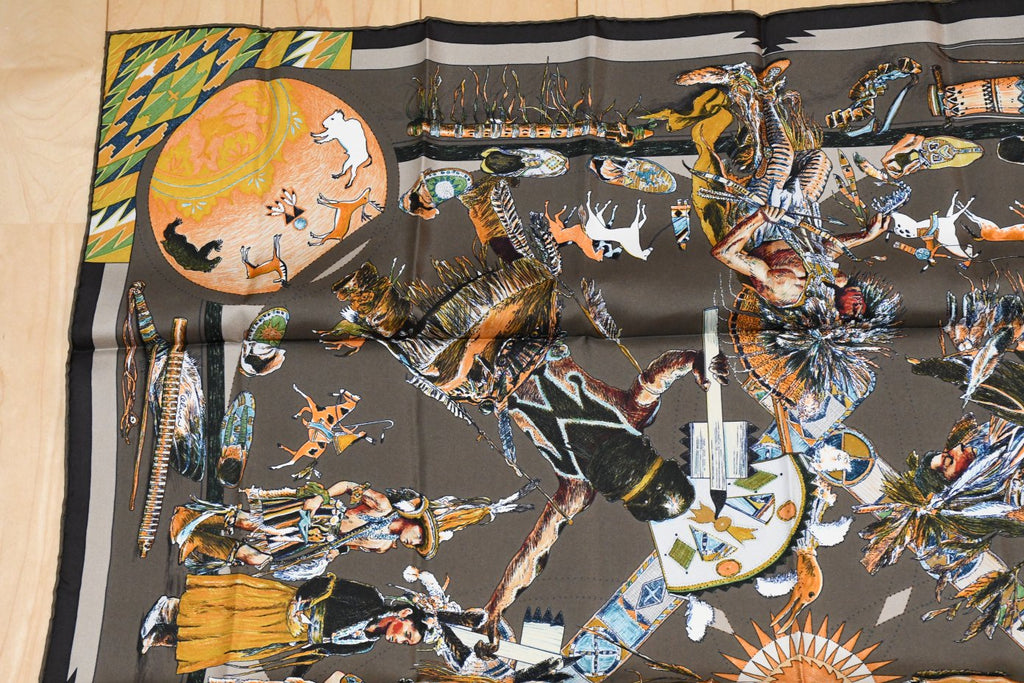 Hermes Scarf Les Danses des Indiens by Kermit Oliver 90 cm silk brown kachina