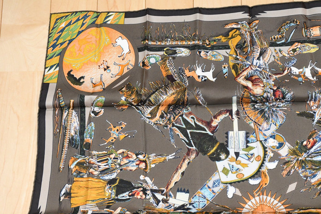 Hermes Scarf Les Danses des Indiens by Kermit Oliver 90 cm silk brown kachina