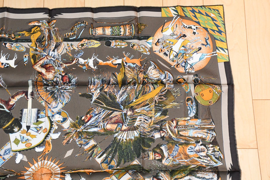 Hermes Scarf Les Danses des Indiens by Kermit Oliver 90 cm silk brown kachina