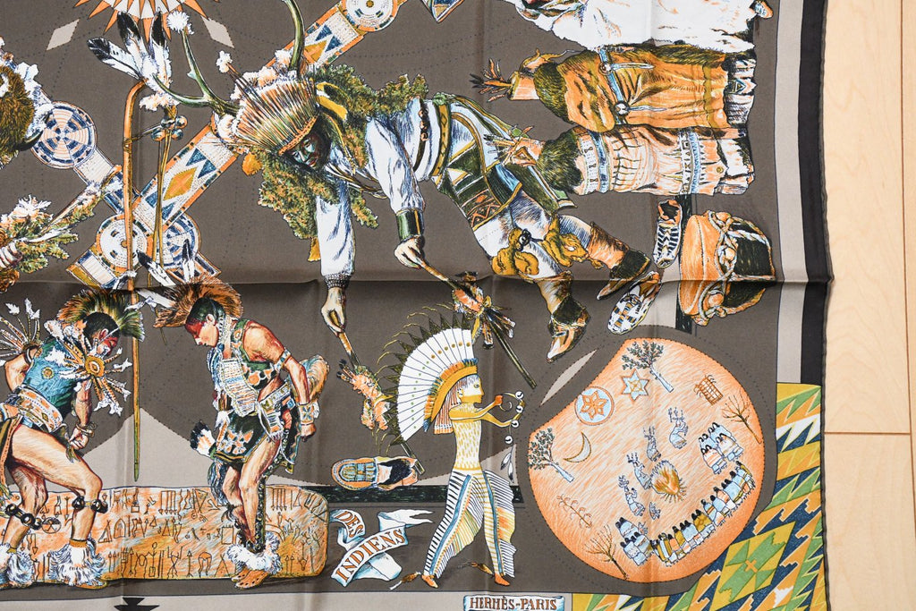 Hermes Scarf Les Danses des Indiens by Kermit Oliver 90 cm silk brown kachina