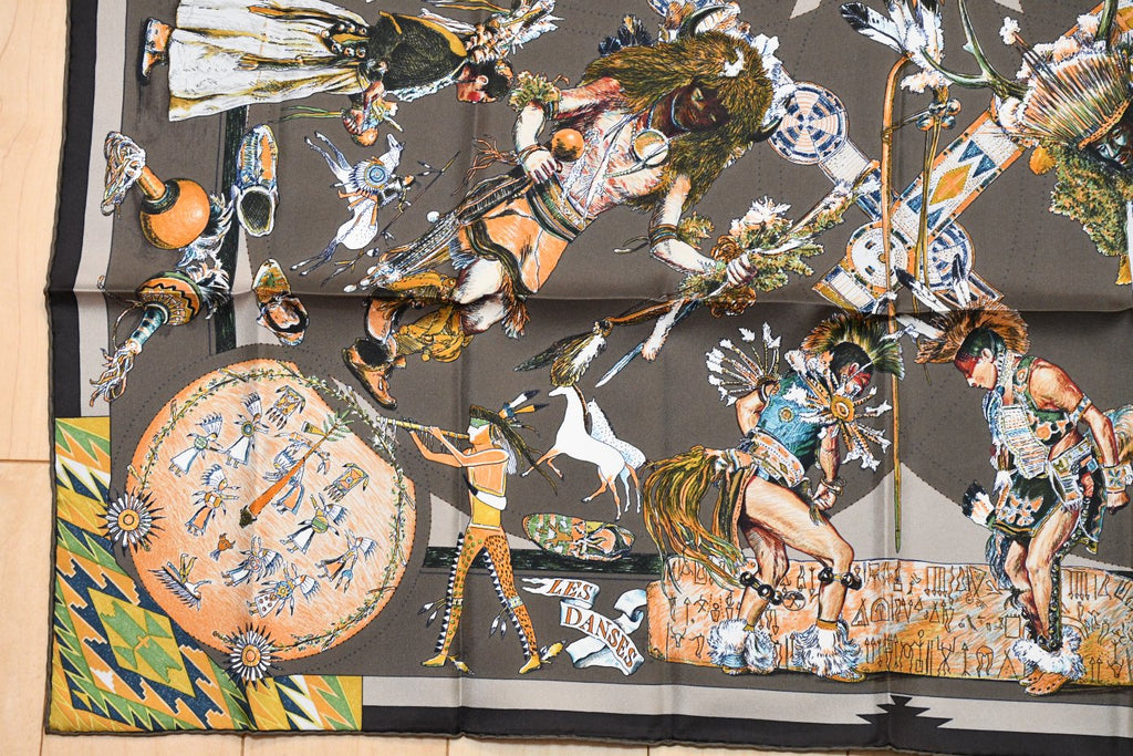 Hermes Scarf Les Danses des Indiens by Kermit Oliver 90 cm silk brown kachina