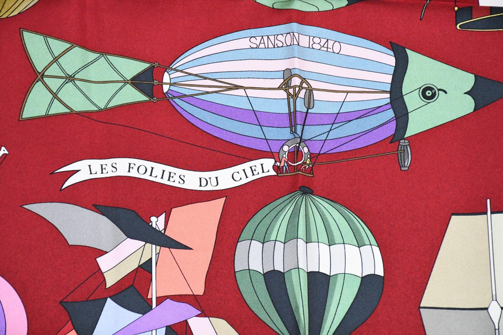 Hermes Scarf Les Folies Du Ciel 90 cm silk wine red Carre air balloon ship 35"
