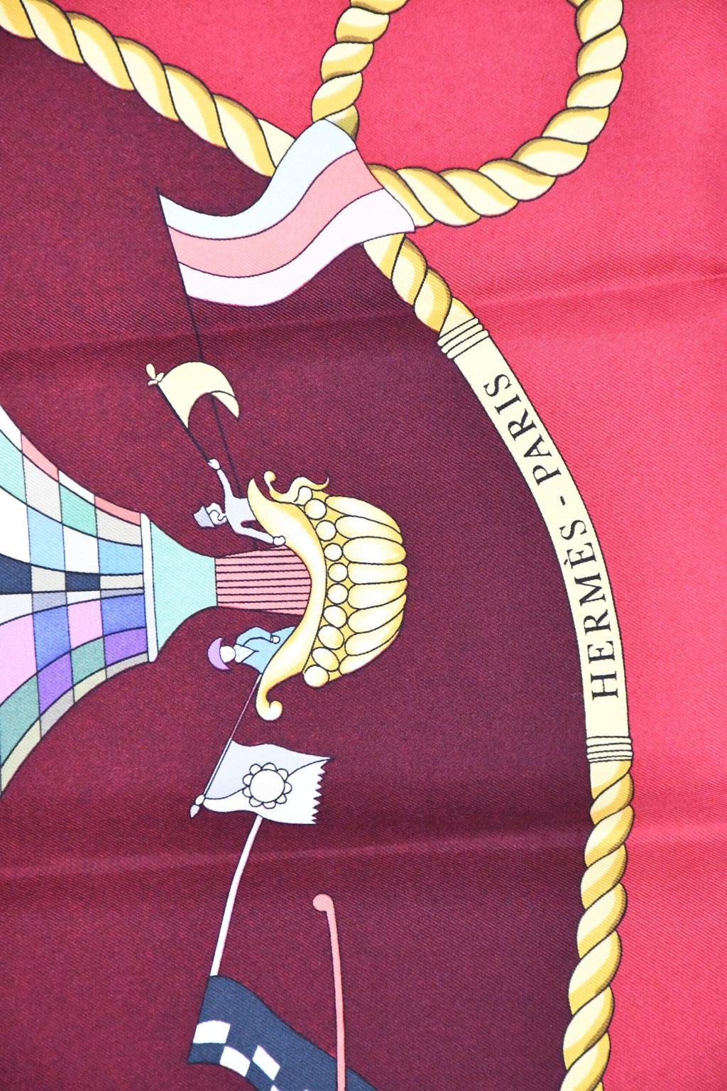 Hermes Scarf Les Folies Du Ciel 90 cm silk wine red Carre air balloon ship 35"