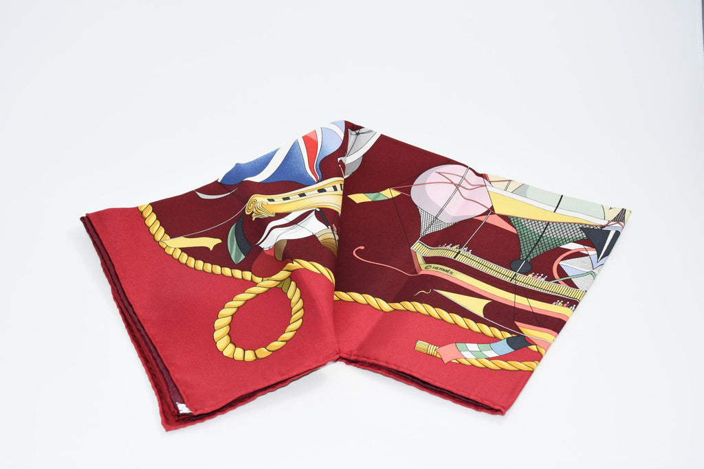 Hermes Scarf Les Folies Du Ciel 90 cm silk wine red Carre air balloon ship 35"