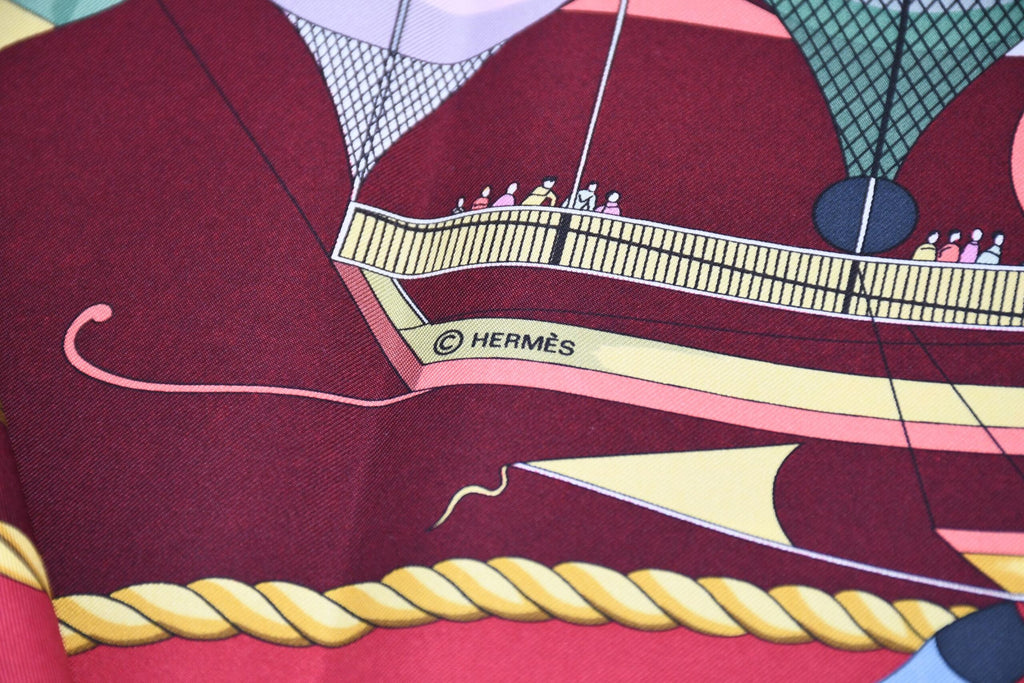 Hermes Scarf Les Folies Du Ciel 90 cm silk wine red Carre air balloon ship 35"