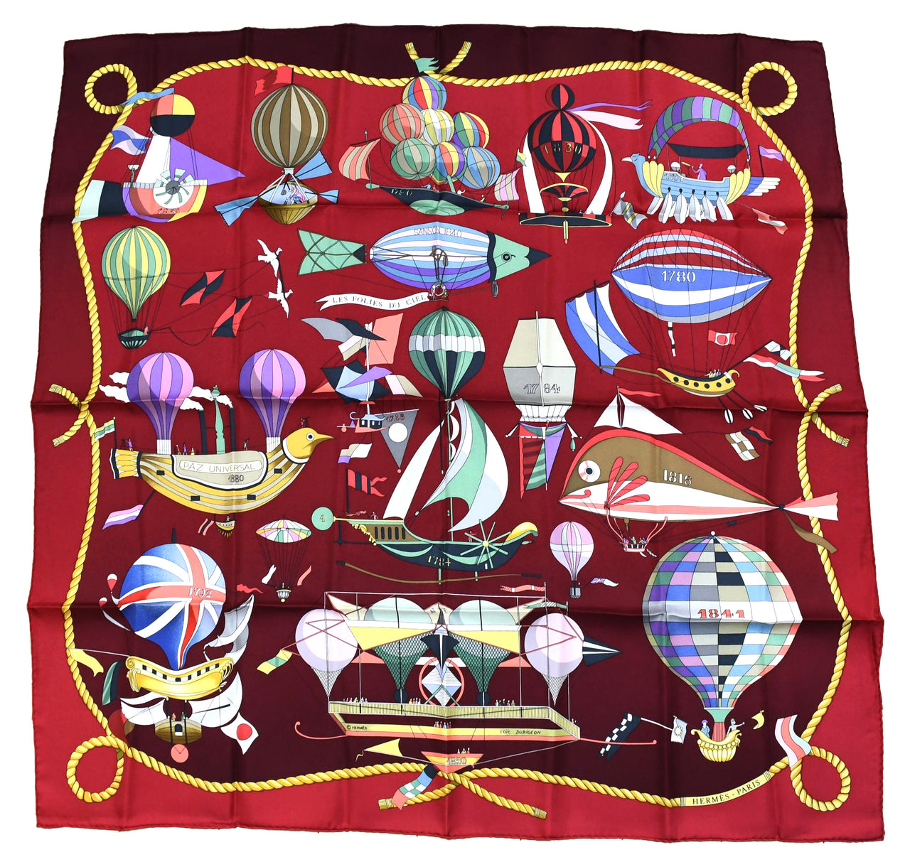 Hermes Scarf Les Folies Du Ciel 90 cm silk wine red Carre air balloon ship 35"
