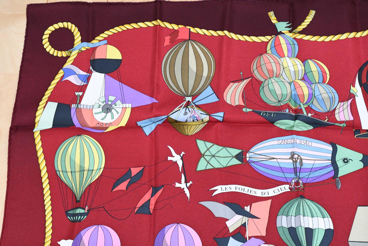 Hermes Scarf Les Folies Du Ciel 90 cm silk wine red Carre air balloon ship 35"