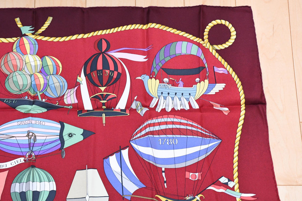 Hermes Scarf Les Folies Du Ciel 90 cm silk wine red Carre air balloon ship 35"