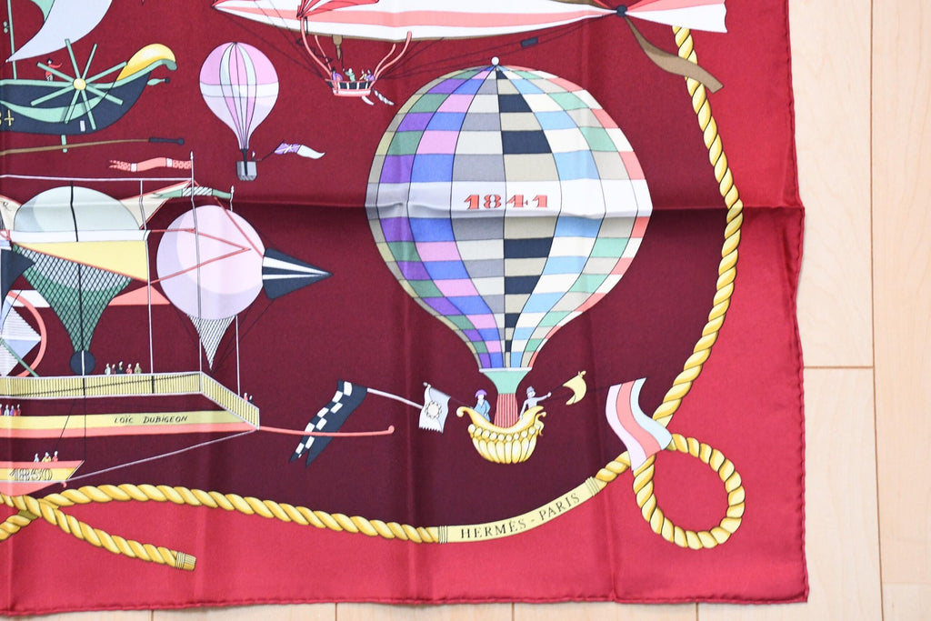 Hermes Scarf Les Folies Du Ciel 90 cm silk wine red Carre air balloon ship 35"