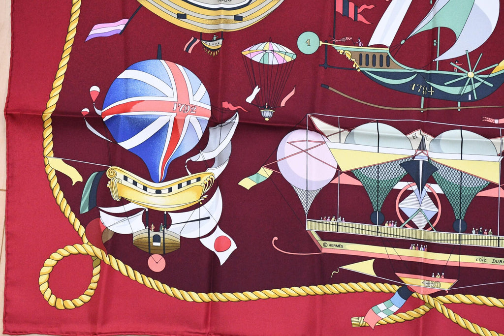 Hermes Scarf Les Folies Du Ciel 90 cm silk wine red Carre air balloon ship 35"