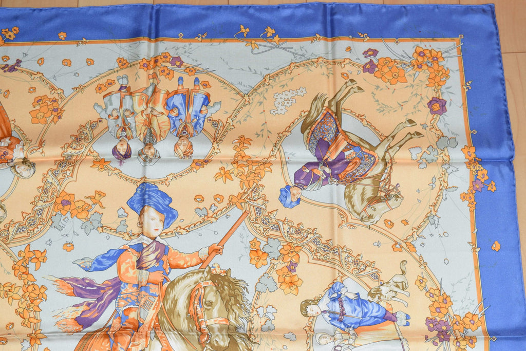 Hermes Scarf Les Petits Princes Silk 90 cm Blue Horse Carre Shawl Stole