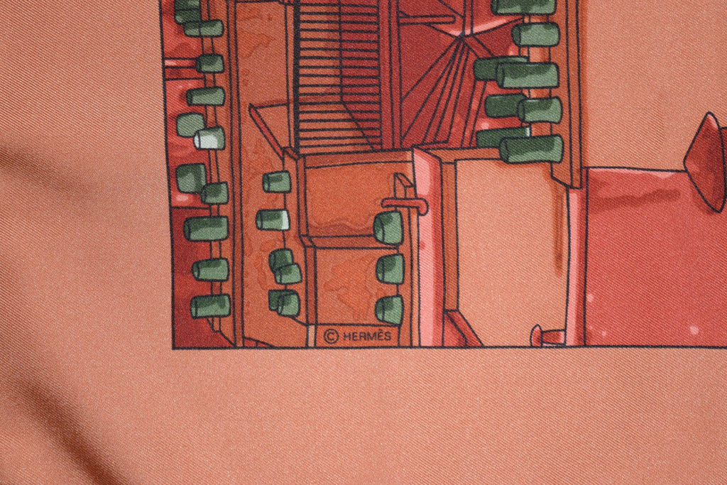 Hermes Scarf Les Toits de Paris 90 cm Silk Red orange Carre Shawl Stole 35"