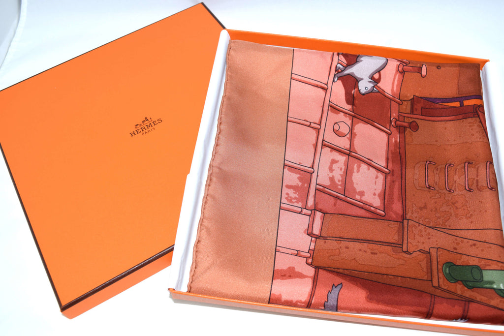 Hermes Scarf Les Toits de Paris 90 cm Silk Red orange Carre Shawl Stole 35"