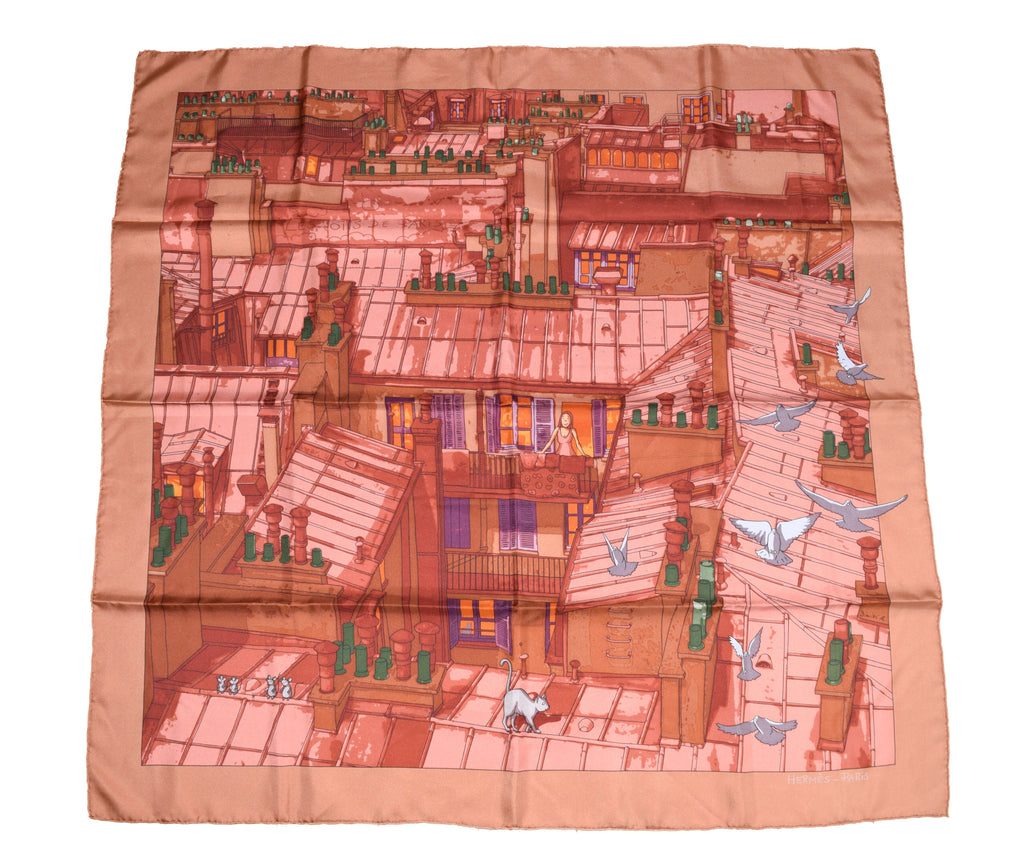 Hermes Scarf Les Toits de Paris 90 cm Silk Red orange Carre Shawl Stole 35"