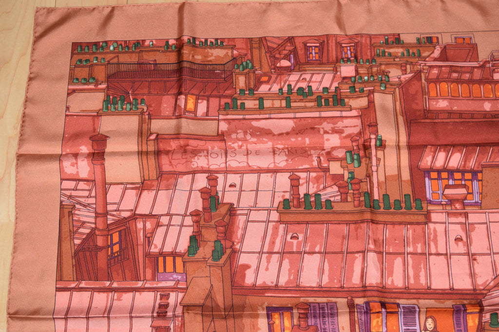 Hermes Scarf Les Toits de Paris 90 cm Silk Red orange Carre Shawl Stole 35"