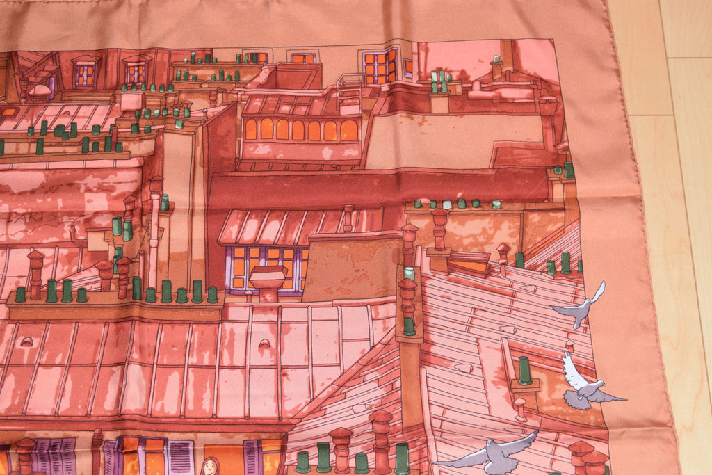Hermes Scarf Les Toits de Paris 90 cm Silk Red orange Carre Shawl Stole 35"