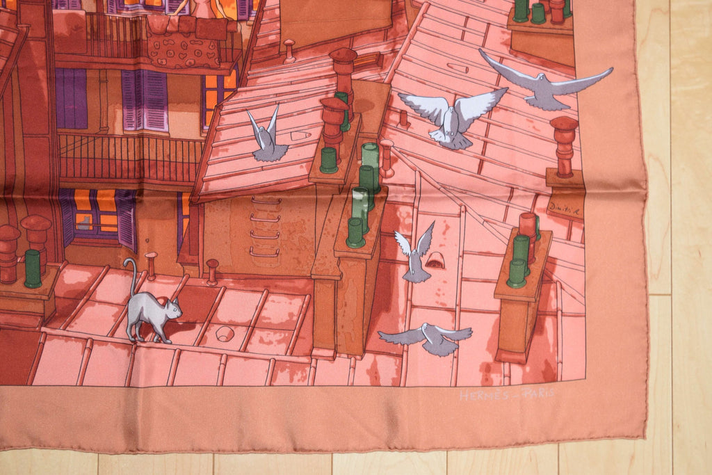 Hermes Scarf Les Toits de Paris 90 cm Silk Red orange Carre Shawl Stole 35"