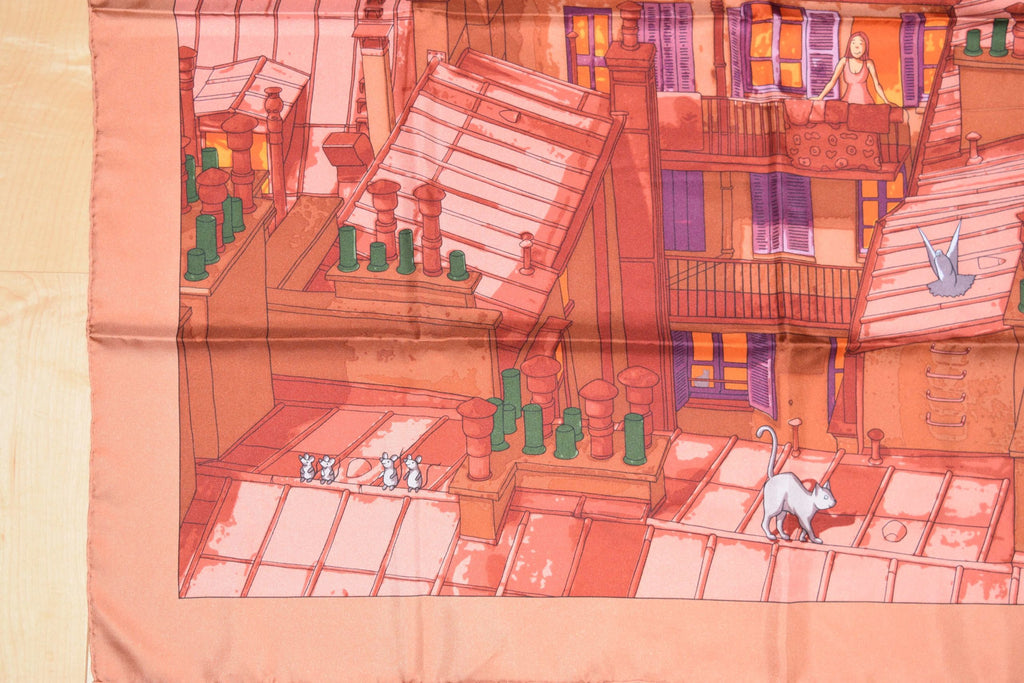 Hermes Scarf Les Toits de Paris 90 cm Silk Red orange Carre Shawl Stole 35"