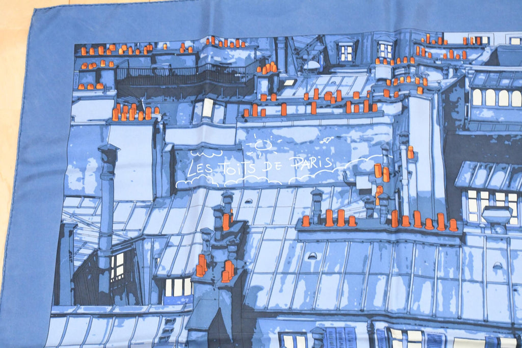 Hermes Scarf Les Toits de Paris 90 cm silk blue Carre townscape 35" USED