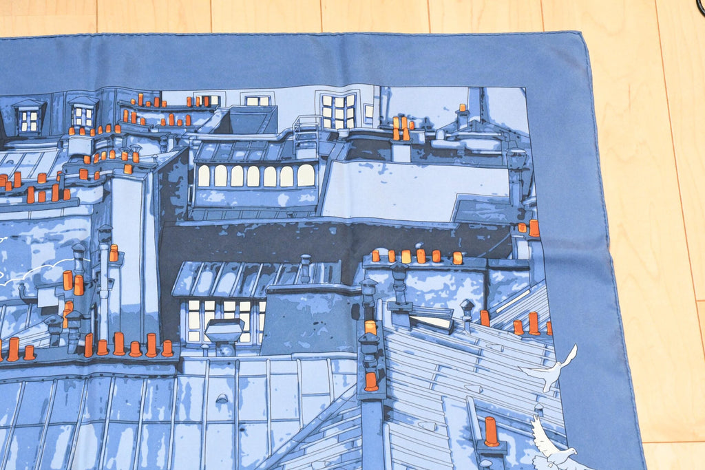 Hermes Scarf Les Toits de Paris 90 cm silk blue Carre townscape 35" USED