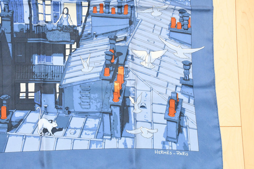Hermes Scarf Les Toits de Paris 90 cm silk blue Carre townscape 35" USED