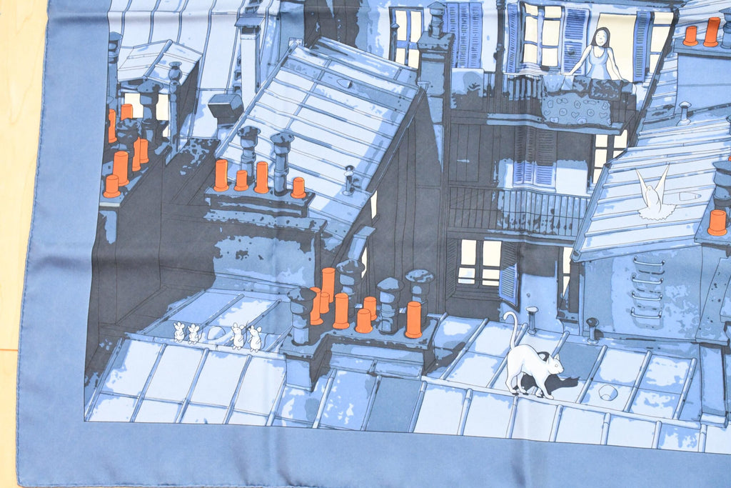 Hermes Scarf Les Toits de Paris 90 cm silk blue Carre townscape 35" USED