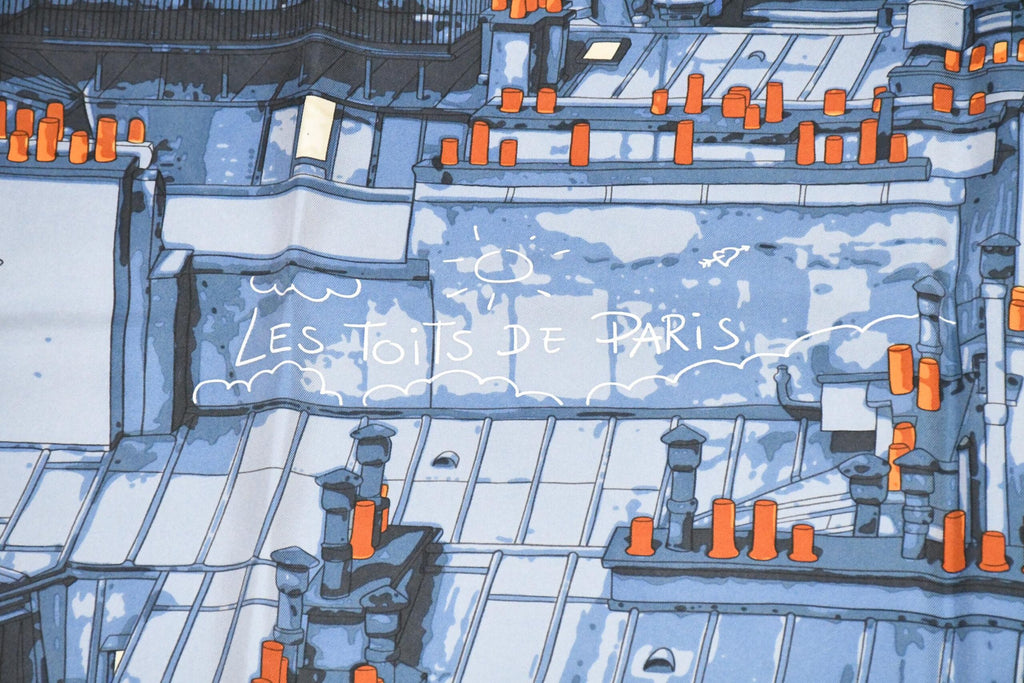 Hermes Scarf Les Toits de Paris 90 cm silk blue Carre townscape 35" USED