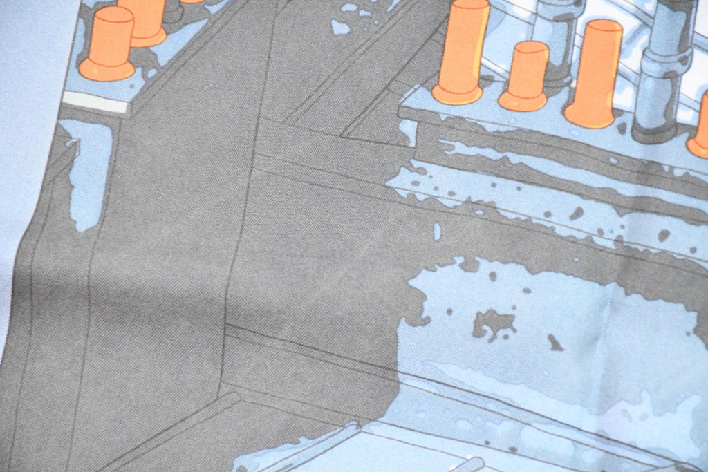 Hermes Scarf Les Toits de Paris 90 cm silk blue Carre townscape 35" USED