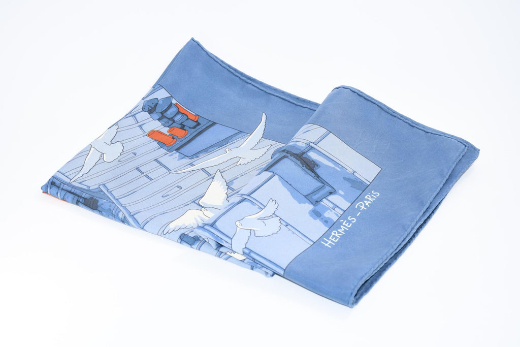Hermes Scarf Les Toits de Paris 90 cm silk blue Carre townscape 35" USED