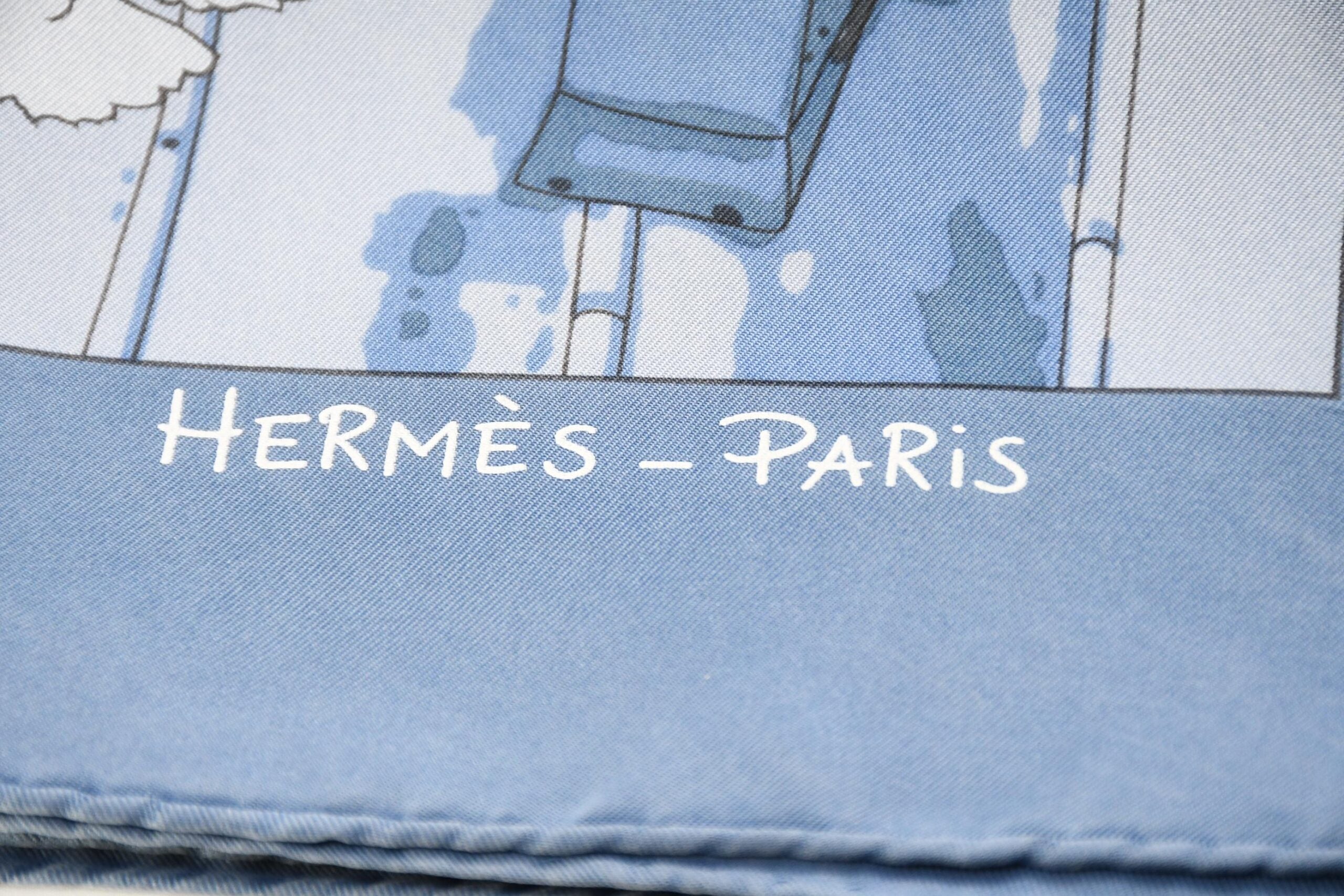 Hermes Scarf Les Toits de Paris 90 cm silk blue Carre townscape 35