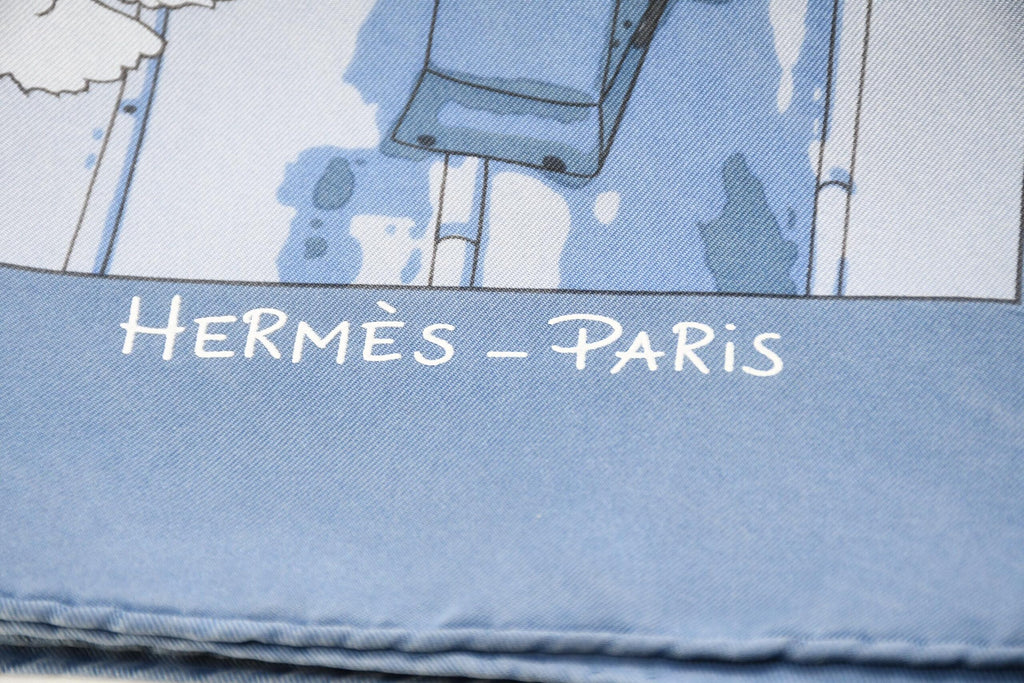 Hermes Scarf Les Toits de Paris 90 cm silk blue Carre townscape 35" USED