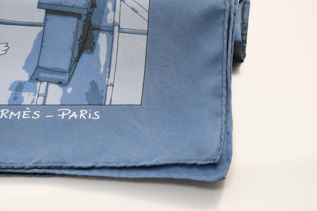Hermes Scarf Les Toits de Paris 90 cm silk blue Carre townscape 35" USED