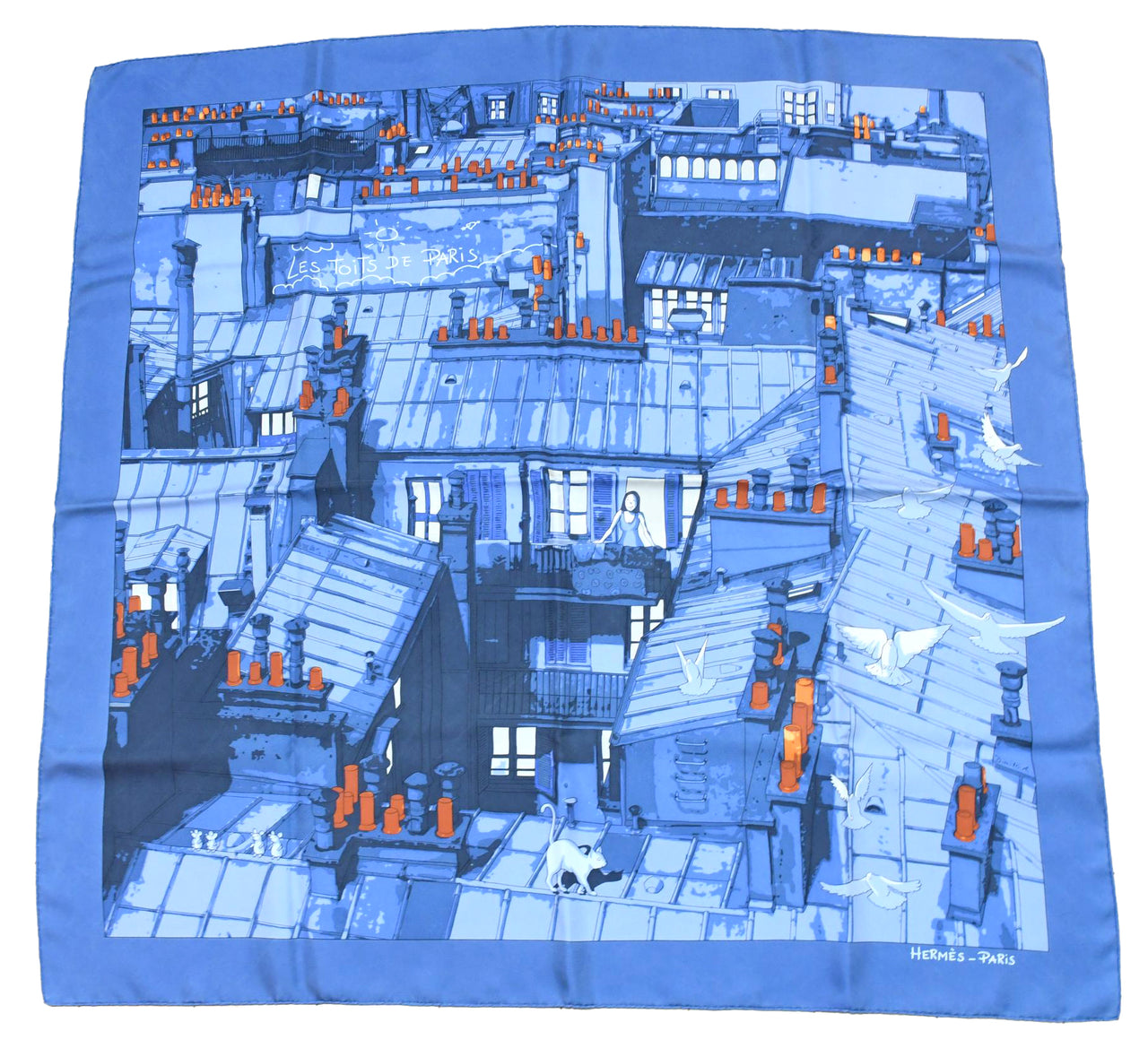 Hermes Scarf Les Toits de Paris 90 cm silk blue Carre townscape 35" USED
