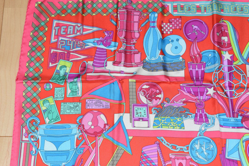 Hermes Scarf Les Trophees Red Silk 90 cm Carre 35” inch Shawl Stole