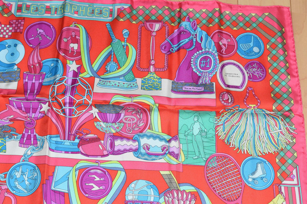 Hermes Scarf Les Trophees Red Silk 90 cm Carre 35” inch Shawl Stole